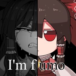 Rule 34 | 1girl, ascot, bow, brown hair, clenched teeth, closed eyes, crying, detached sleeves, english text, formicid, fumo (doll), hair bow, hair tubes, hakurei reimu, i&#039;m fine (meme), jaggy lines, japanese clothes, meme, nontraditional miko, partially colored, red bow, red eyes, red skirt, ribbon-trimmed sleeves, ribbon trim, short hair, sidelocks, skirt, solo, split screen, split theme, teeth, touhou, white sleeves, wide sleeves, yellow ascot