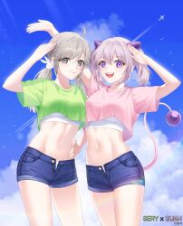 Rule 34 | 2girls, ahoge, aircraft, airplane, arms up, blue shorts, blue sky, closed mouth, cloud, commission, cowboy shot, crop top, crop top overhang, denim, denim shorts, fake horns, green shirt, grey eyes, grey hair, hair ornament, hand on own hip, highres, horns, long hair, looking at viewer, low twintails, midriff, multiple girls, navel, open fly, open mouth, original, panties, panty peek, pink shirt, purple eyes, rabbit hair ornament, salute, second-party source, shirt, short shorts, short sleeves, shorts, sky, smile, standing, stomach, taesseung, tail, thighs, twintails, undershirt, underwear, white hair, white shirt