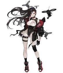 Rule 34 | 1girl, alternate costume, ankle socks, artist request, black choker, black gloves, black jacket, black pouch, black sleeve cuffs, black sleeves, black socks, bodysuit, choker, closed mouth, collarbone, covered collarbone, cross-laced footwear, drone, earrings, final gear, full body, gloves, gun, highres, jacket, jewelry, knee pads, legs apart, long hair, looking at viewer, machine gun, multicolored footwear, official alternate costume, official art, parted lips, partially fingerless gloves, pouch, red eyes, see-through body, simple background, single knee pad, skin tight, sleeve cuffs, socks, solo, standing, tachi-e, thigh strap, third-party source, transparent background, tridacnidae (final gear), two-sided fabric, two-sided jacket, very long hair, weapon, white bodysuit