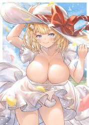 Rule 34 | 1girl, absurdres, alternate breast size, bent over, blonde hair, blue eyes, breasts, cleavage, closed mouth, collarbone, downblouse, dress, field, hair ornament, hat, highres, hololive, hololive english, honkivampy, large breasts, light blush, looking at viewer, medium hair, mole, mole on breast, no bra, outdoors, outside border, petals, skindentation, sky, smile, solo, sun hat, sundress, virtual youtuber, watson amelia, white dress