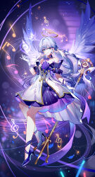 Rule 34 | 1girl, absurdres, aqua eyes, bare shoulders, blue hair, choker, commentary, detached sleeves, dress, earrings, elbow gloves, gloves, halo, hand up, head wings, high heels, highres, honkai: star rail, honkai (series), jewelry, long hair, looking at viewer, musical note, purple background, purple choker, purple dress, purple sleeves, robin (honkai: star rail), sheya, signature, smile, solo, staff (music), strapless, strapless dress, two-tone dress, very long hair, white dress, white gloves, white wings, wings