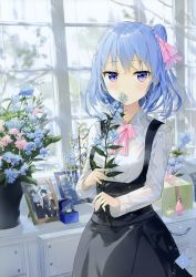 Rule 34 | 1girl, absurdres, black skirt, blue flower, blue hair, cowboy shot, dress shirt, flower, fuumi, fuumi (radial engine), hair ornament, hair ribbon, highres, holding, indoors, looking at viewer, neck ribbon, one side up, original, photo (object), pink flower, pink ribbon, purple eyes, ribbon, shirt, short hair, skirt, solo, standing, striped ribbon, white shirt, window