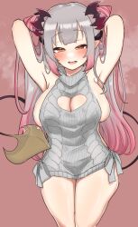 Rule 34 | 1girl, absurdres, armpits, arms behind head, backless dress, backless outfit, bare shoulders, blush, breasts, cleavage, cleavage cutout, clothing cutout, cone hair bun, cowboy shot, demon girl, demon tail, dress, gradient hair, grey hair, grey sweater, hair bun, heart cutout, highres, honey strap, horns, large breasts, long hair, looking at viewer, meme attire, multicolored hair, nagmo chaaan, naked sweater, nanashi inc., no nose, open mouth, orange eyes, pink background, pink hair, pointy ears, ribbed sweater, short dress, side-tie dress, sideboob, sleeveless, sleeveless turtleneck, solo, steaming body, streaked hair, suou patra, sweater, sweater dress, tail, turtleneck, turtleneck sweater, very long hair, virgin killer sweater, virtual youtuber