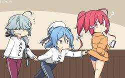 Rule 34 | 3girls, ?, ahoge, alternate costume, ass, black ribbon, blue eyes, blue hair, blue one-piece swimsuit, blue pants, braid, brown pants, cellphone, clothes writing, commentary request, dated, double bun, feet out of frame, grey hair, hair bun, hair over eyes, hair ribbon, hamanami (kancolle), hamu koutarou, hand in pocket, hat, highres, i-168 (kancolle), jacket, kantai collection, long hair, multiple girls, one-hour drawing challenge, one-piece swimsuit, pants, phone, pink hair, ponytail, red eyes, ribbon, sailor hat, short hair, single braid, smartphone, sweater, swimsuit, swimsuit under clothes, track jacket, track pants, translation request, urakaze (kancolle), walking, white headwear, white sweater, yellow jacket
