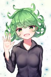 Rule 34 | 1girl, :d, bitseon, black dress, blush, breasts, collarbone, collared dress, colored eyelashes, commentary request, curly hair, dress, green eyes, green hair, hand up, long sleeves, looking at viewer, one-punch man, open mouth, short hair, small breasts, smile, solo, tatsumaki, upper body, white background