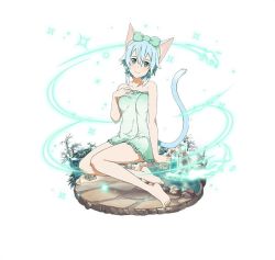 Rule 34 | 1girl, animal ears, barefoot, blue eyes, blue hair, blue ribbon, blue towel, cat ears, cat tail, collarbone, feet, floral print, frilled towel, frills, full body, hair ribbon, head tilt, looking at viewer, naked towel, official art, ribbon, short hair, sidelocks, simple background, sinon (sao-alo), sitting, smile, solo, sword art online, tail, toes, towel, white background