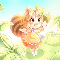 Rule 34 | 1girl, :3, :d, alcohol, animal ears, barefoot, blush, brown eyes, brown hair, chibi, child, dress, eyewear on head, female focus, futatsuiwa mamizou, glasses, grass, highres, leaf, onion pikupiku, open mouth, outstretched arms, raccoon ears, raccoon tail, sake, short hair, smile, solo, spread arms, standing, tail, touhou, aged down