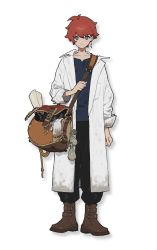 Rule 34 | 1boy, bag, blue eyes, book, brown bag, brown footwear, closed mouth, coat, collarbone, dirty, dirty clothes, earrings, gloves, hair between eyes, highres, holding, jewelry, lab coat, light oooo, male focus, original, pants, pants tucked in, paper, pouch, red hair, scroll, simple background, single earring, sleeves rolled up, solo, standing, white background, white coat, white gloves