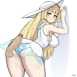 Rule 34 | 1girl, against wall, ass, blonde hair, blunt bangs, blush, braid, breasts, creatures (company), disembodied penis, dress, game freak, green eyes, hat, highres, large breasts, lillie (pokemon), nintendo, nisetanaka, panties, penis, pokemon, pokemon sm, sleeveless, sleeveless dress, smile, solo, striped clothes, striped panties, sun hat, uncensored, underwear, white background, white dress
