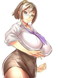 Rule 34 | 1girl, bad id, bad pixiv id, breasts, brown eyes, brown hair, curvy, dodai shouji, fighting stance, glasses, holon, huge breasts, neckerchief, pantyhose, pencil skirt, ponytail, real drive, simple background, sketch, skirt, sleeves rolled up, solo, thighs, white background