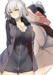 Rule 34 | 1girl, arms behind back, ass, black dress, blue coat, box, breasts, cleavage, coat, collarbone, dress, fate/grand order, fate (series), fur-trimmed coat, fur trim, gift, gift box, highres, jeanne d&#039;arc (fate), jeanne d&#039;arc alter (fate), jeanne d&#039;arc alter (ver. shinjuku 1999) (fate), large breasts, long sleeves, looking at viewer, multiple views, official alternate costume, open clothes, open coat, panties, shayoo, short dress, short hair, silver hair, thighs, underwear, upskirt, valentine, white background, white panties, wicked dragon witch ver. shinjuku 1999, yellow eyes