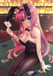 Rule 34 | 1girl, ace (playing card), ace of hearts, animal ears, black bow, black bowtie, black leotard, blue eyes, bow, bowtie, breasts, card, cleavage, commentary request, cowboy shot, detached collar, fake animal ears, heart, large breasts, leotard, long hair, looking at viewer, noe (noe emk), original, pantyhose, pink hair, playboy bunny, playing card, rabbit ears, rabbit tail, sitting, smile, solo, strapless, strapless leotard, table, tail, wrist cuffs