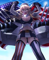Rule 34 | 10s, 1girl, :d, american flag, asymmetrical legwear, bad id, bad pixiv id, belt, black panties, blonde hair, blue eyes, blue sky, breasts, cannon, clothes writing, cloud, contrail, day, fingerless gloves, flag, from below, front-tie top, garter straps, gloves, hair between eyes, hands up, headgear, holding, ieki, iowa (kancolle), kantai collection, large breasts, legs apart, long hair, machinery, miniskirt, mismatched legwear, navel, open mouth, outdoors, panties, shade, skirt, sky, sleeveless, smile, solo, star-shaped pupils, star (symbol), stomach, striped, symbol-shaped pupils, thighhighs, turret, twitter username, underwear, upskirt, vertical stripes, wrist cuffs