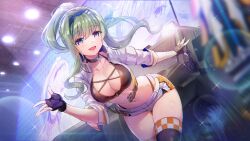 Rule 34 | armored car, black bra, black gloves, bra, breasts, cropped jacket, gloves, green hair, grey hair, heaven burns red, highres, large breasts, murohushi risa, non-web source, official art, ponytail, racing suit, shorts, underwear
