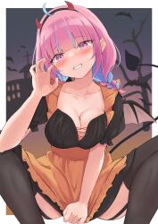 Rule 34 | 1girl, ahoge, black thighhighs, blue hair, blush, braid, breasts, claw pose, cleavage, clothes pull, collarbone, colored inner hair, commentary request, demon horns, dress, fake horns, frilled dress, frilled sleeves, frills, garter straps, hairband, halloween, highres, hololive, horns, looking at viewer, medium breasts, medium hair, minato aqua, multicolored hair, partial commentary, pink hair, ponono desu, puffy short sleeves, puffy sleeves, pulling own clothes, purple eyes, short sleeves, sitting, smile, solo, streaked hair, teeth, thighhighs, two-tone dress, two-tone hair, virtual youtuber