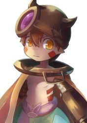 Rule 34 | 1boy, absurdres, belt, brown hair, cape, closed mouth, collar, commentary request, facial mark, fake horns, green pants, hair between eyes, helmet, highres, horned helmet, looking at viewer, made in abyss, male focus, mechanical arms, metal collar, pants, pointy ears, puffy pants, regu (made in abyss), riasgomibako, topless male, simple background, solo, standing, white background, yellow eyes
