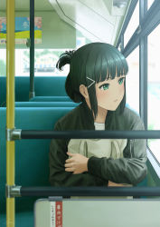 Rule 34 | 1girl, bad id, bad pixiv id, bag, black hair, black jacket, blunt bangs, blush, bus interior, commentary request, eyebrows hidden by hair, folded ponytail, green eyes, hair ornament, hairclip, highres, jacket, kurosawa dia, long hair, long sleeves, looking afar, looking to the side, love live!, love live! sunshine!!, mole, mole under mouth, hugging object, papi (papiron100), parted lips, shirt, sitting, solo, upper body, white shirt