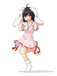 Rule 34 | 1girl, ahoge, animal ears, black hair, blush, carrot, carrot necklace, dress, female focus, hand on own ear, hiro (pqtks113), inaba tewi, jewelry, leg up, necklace, pulling own ear, rabbit ears, red eyes, shoes, short hair, smile, solo, touhou