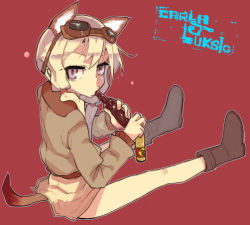 Rule 34 | 1girl, animal ears, ankle boots, bad id, bad pixiv id, blonde hair, boots, bottle, carla j. luksic, cat ears, cat tail, character name, drinking, long hair, long sleeves, military, military uniform, noble witches, osuman toruko, outline, purple eyes, red background, sitting, solo, strike witches, tail, twintails, uniform, world witches series
