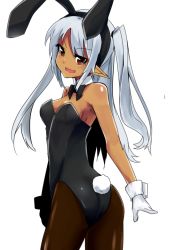 Rule 34 | 1girl, animal ears, blue hair, breasts, elf, fake animal ears, gloves, leotard, long hair, open mouth, original, pantyhose, playboy bunny, pointy ears, rabbit ears, rabbit tail, silver hair, simple background, smile, solo, tail, white background, yoshizawa tsubaki