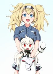 Rule 34 | (o) (o), 2girls, ahoge, belt, blonde hair, blue background, blue eyes, blue shirt, breast pocket, breasts, buttons, collared shirt, colored skin, commentary request, covered mouth, cowboy shot, dress, gambier bay (kancolle), gloves, gradient background, hair between eyes, hairband, highres, kantai collection, large breasts, long hair, mittens, multicolored clothes, multicolored gloves, multiple girls, northern ocean princess, open mouth, pale skin, pocket, red eyes, shirt, short sleeves, shorts, sleeveless, sleeveless dress, twintails, white dress, white hair, white mittens, white skin, yakuto007