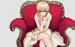 Rule 34 | 1girl, bare shoulders, blonde hair, breasts, closed mouth, collarbone, crossed legs, dress, green eyes, grey background, hand up, head rest, idolmaster, idolmaster cinderella girls, idolmaster cinderella girls starlight stage, looking at viewer, medium breasts, miyamoto frederica, on chair, sawarakajin, short hair, simple background, sitting, solo, strapless, strapless dress, white dress