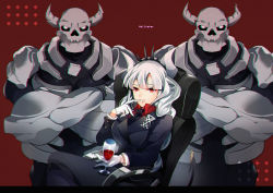 Rule 34 | 1girl, alcohol, armchair, black tail, blush, breasts, business suit, chair, crown, cup, demon girl, demon horns, demon tail, drinking glass, formal, fromchawen, gloves, helltaker, horns, large breasts, long hair, looking at viewer, lucifer (helltaker), mole, mole under eye, necktie, neckwear request, red background, red eyes, red shirt, shirt, sitting, skeleton (helltaker), smile, suit, tail, white gloves, white hair, white horns, wine, wine glass