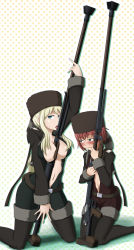 Rule 34 | 2girls, anti-materiel rifle, arm up, belt, between breasts, black thighhighs, blonde hair, blue eyes, blush, bolt action, boots, breast envy, breast press, breasts, coon hat, darker than black, fur hat, green eyes, gun, hat, highres, holding, kneeling, large breasts, licking, long hair, looking at breasts, multiple girls, mura666, navel, open clothes, ptrd-41, red hair, rifle, sexually suggestive, short hair, sniper rifle, suou pavlichenko, tanya (darker than black), tanya akulova, tears, thigh boots, thighhighs, tongue, weapon