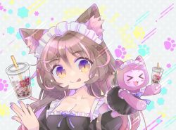 Rule 34 | &gt; &lt;, 1girl, absurdres, animal ear fluff, animal ears, binzoko paroma, black dress, breasts, brown hair, bubble tea, cat, cat ears, cat girl, cleavage, closed mouth, commentary, dress, drinking straw, english commentary, frills, hair between eyes, highres, long hair, maid, maid headdress, medium breasts, multicolored hair, open mouth, original, paw print, paw print background, pink hair, puffy sleeves, purple hair, purple ribbon, ribbon, solo, star (symbol), streaked hair, tongue, tongue out, upper body, yellow eyes