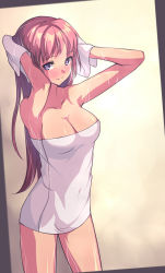 Rule 34 | 1girl, armpits, arms up, blush, breasts, cleavage, collarbone, covered navel, cowboy shot, drying, drying hair, framed, holding, large breasts, long hair, looking at viewer, naked towel, original, parted bangs, pink hair, profile, purple eyes, saiste, seductive smile, smile, solo, standing, towel, very long hair, wet