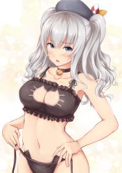 Rule 34 | 10s, 1girl, :o, bare arms, bare shoulders, bell, beret, black bra, black panties, blue eyes, blush, bra, breasts, cat cutout, cat ear panties, cat lingerie, choker, cleavage, cleavage cutout, clothing cutout, collarbone, female focus, hat, highres, ichikawa feesu, jingle bell, kantai collection, kashima (kancolle), large breasts, lingerie, long hair, looking at viewer, meme attire, navel, neck, neck bell, open mouth, panties, side-tie panties, silver hair, simple background, solo, twintails, two side up, underwear, underwear only, untied panties, untying, wavy hair, white background
