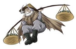 Rule 34 | 1boy, akatsuki akira, beard, boots, cape, facial hair, from below, full body, hat, horns, juuni taisen, looking at viewer, looking down, male focus, official art, old, old man, rice hat, simple background, solo, tsujiie sumihiko, white background