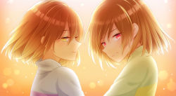 Rule 34 | 2others, blue sweater, chara (undertale), frisk (undertale), gradient background, green sweater, happy, highres, light brown hair, looking at viewer, looking back, multiple others, pink eyes, short hair, smile, spoilers, striped clothes, striped sweater, sweater, undertale, yellow eyes, yuupontan.