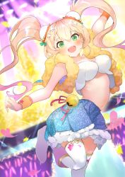 Rule 34 | 1girl, :d, alternate costume, alternate hairstyle, arm up, bad id, bad pixiv id, blonde hair, blue skirt, blush, boots, breasts, bun cover, cleavage, commentary, cowboy shot, double bun, flower, glowstick, gradient hair, green eyes, hair bun, hair flower, hair ornament, highres, hinata (hinata-ur), hololive, long hair, looking at viewer, medium breasts, midriff, miniskirt, momosuzu nene, multicolored hair, open mouth, pink footwear, pink hair, skirt, smile, solo, stage lights, strapless, thighhighs, thighhighs under boots, tube top, twintails, two-tone hair, virtual youtuber, white thighhighs, wrist cuffs