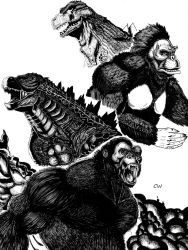 Rule 34 | ape, christian willett, crossover, dinosaur, dual persona, giant, giant monster, godzilla, godzilla (2014), godzilla (series), godzilla vs. kong, gorilla, greyscale, highres, kaijuu, king kong, king kong (series), king kong vs. godzilla, legendary pictures, monochrome, monster, monsterverse, multiple persona, muscular, muscular male, no humans, sketch, toho