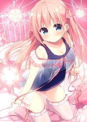Rule 34 | 1girl, :o, arched back, bare shoulders, bed sheet, blue eyes, blue one-piece swimsuit, blurry, blurry foreground, blush, bow, bracelet, breasts, cleavage, collarbone, commentary request, depth of field, dress, frilled pillow, frills, hair between eyes, hair bow, hanamiya natsuka, jewelry, kneeling, leaning forward, long hair, no shoes, off-shoulder dress, off shoulder, one-piece swimsuit, original, parted lips, pearl bracelet, pillow, pink bow, pink hair, school swimsuit, see-through, small breasts, solo, swimsuit, thighhighs, two side up, very long hair, white thighhighs