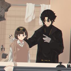 Rule 34 | 1boy, 1girl, bathroom, black hair, brown hair, carrying, carrying person, character request, eyewear on head, glasses, gloves, green eyes, highres, holding, holding phone, looking at viewer, original, phone, real life, reflection, selfie, sunglasses, tama gotoh, white gloves, yoruny