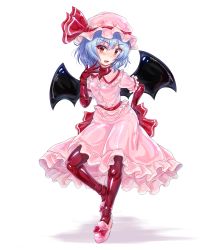 Rule 34 | 1girl, absurdres, back bow, bat wings, blue hair, blush, bodysuit, bow, collared shirt, fang, frilled shirt, frilled shirt collar, frilled skirt, frilled sleeves, frills, full body, hair between eyes, hand on own hip, hat, hat ribbon, highres, latex, latex bodysuit, looking at viewer, mob cap, open mouth, pink footwear, pink hat, pink shirt, pink skirt, puffy short sleeves, puffy sleeves, red bodysuit, red bow, red eyes, red ribbon, remilia scarlet, ribbon, riretsuto, shadow, shiny clothes, shirt, short sleeves, simple background, skin tight, skirt, solo, touhou, white background, wings