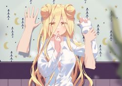 Rule 34 | 1boy, 1girl, arm up, blonde hair, breasts, brown eyes, cleavage, collarbone, collared shirt, date a live, disembodied hand, double bun, dress shirt, eyes visible through hair, hair bun, hair over one eye, hand up, highres, holding another&#039;s wrist, hoshimiya mukuro, kabedon, long hair, long sleeves, medium breasts, mo (pixiv9929995), open mouth, shirt, sleeves past wrists, solo focus, very long hair, wet, white shirt