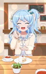 Rule 34 | 1girl, ^ ^, absurdres, aqua bow, bang dream!, blue hair, blush, bow, cafe, cake, chalkboard, closed eyes, commentary request, cup, cupping hand, facing viewer, feeding, food, fork, furou, hair bow, highres, holding, holding fork, incoming food, indoors, jacket, kettle, light blue hair, long hair, long sleeves, matsubara kanon, menu board, one side up, open mouth, plate, pom pom (clothes), pov across table, pov feeding, saucer, solo, sparkle, strawberry shortcake, teacup, white jacket
