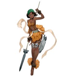 Rule 34 | 1girl, armpits, axum (victory belles), blue eyes, brown hair, dark-skinned female, dark skin, full body, legs apart, official art, revealing clothes, salmon88, short hair, simple background, solo, standing, tattoo, thigh strap, victory belles, weapon, white background