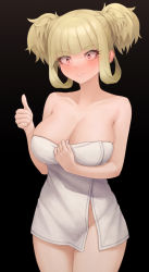 Rule 34 | 1girl, anidante, aoki hagane no arpeggio, black background, blonde hair, blush, breasts, cleavage, hair up, heart, heart-shaped pupils, highres, kongou (aoki hagane no arpeggio), large breasts, naked towel, red eyes, simple background, smile, solo, symbol-shaped pupils, thumbs up, towel, twintails
