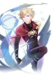 Rule 34 | 1boy, black footwear, black gloves, black pants, black shirt, blonde hair, cape, clenched hand, earrings, gloves, hair ornament, jewelry, looking at viewer, male focus, orb, pants, purple eyes, red cape, shirt, soccer spirits, standing, standing on one leg, transparent background, tuuuh, virgil (soccer spirits)