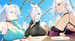 Rule 34 | 3girls, bare shoulders, black choker, black sweater, blue eyes, blue sky, breasts, building, chair, chewing, choker, cleavage, closed eyes, cloud, detached sleeves, drinking, eating, food, french kiss, hair over one eye, high ponytail, highres, holding, holding spoon, kiss, large breasts, long hair, looking at another, multiple girls, off shoulder, original, plate, ribbed sweater, signature, sitting, sky, skyscraper, sleeves past wrists, spoon, sweater, table, tochi keisuke, upper body, white hair