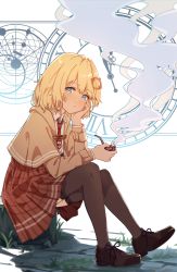 Rule 34 | 1girl, absurdres, blonde hair, blue eyes, brown capelet, brown footwear, brown jacket, brown thighhighs, capelet, clock, closed mouth, collared shirt, from side, full body, hair ornament, head rest, highres, holding, holding smoking pipe, hololive, hololive english, jacket, jl tan, long sleeves, looking at viewer, looking to the side, medium hair, necktie, plaid, plaid skirt, pleated skirt, red necktie, red skirt, shirt, shoes, sitting, skirt, smoke, smoking pipe, solo, thighhighs, tree stump, virtual youtuber, watson amelia, white shirt