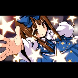 Rule 34 | 1girl, blush, brown eyes, brown hair, female focus, foreshortening, letterboxed, long hair, lowres, outstretched arm, outstretched hand, reaching, smile, solo, star (symbol), star sapphire, touhou, yamasan
