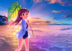 Rule 34 | 1girl, bad anatomy, beach, blue eyes, blush, brown hair, carrying, city, cloud, commentary request, highres, hood, hoodie, leaf, long hair, looking at viewer, ocean, one-piece swimsuit, open clothes, open hoodie, open mouth, original, outdoors, sand, scenery, school swimsuit, sky, smile, solo, sunlight, sunset, swimsuit, swimsuit under clothes, takoyaki (roast), water