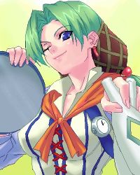 Rule 34 | 1girl, between fingers, blue eyes, bottle, cross-laced clothes, earrings, grandia, grandia i, green hair, hair net, holding, jewelry, lily (grandia), looking down, lowres, mature female, oekaki, one eye closed, parted bangs, scarf, solo, tray, upper body, zen
