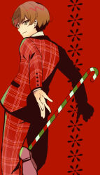 Rule 34 | 1623, 1boy, boots, candy, candy cane, dankira!!!, food, formal, green eyes, holding, holding candy, holding candy cane, holding food, light brown hair, long sleeves, looking at viewer, looking back, male focus, miki nozomu, mole, mole under eye, red background, red suit, short hair, smile, solo, suit