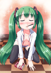 Rule 34 | 1girl, bad anatomy, bad id, bad pixiv id, black thighhighs, blush, female focus, food, full body, gradient background, green hair, hatsune miku, highres, long hair, morujii, mouth hold, open clothes, open shirt, panties, pocky, shirt, solo, striped clothes, striped panties, thighhighs, twintails, underwear, vocaloid